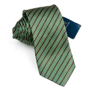 Men's Silk Neck Tie By Michel Angelo Brown Stripes On Green With Gold Sparkles