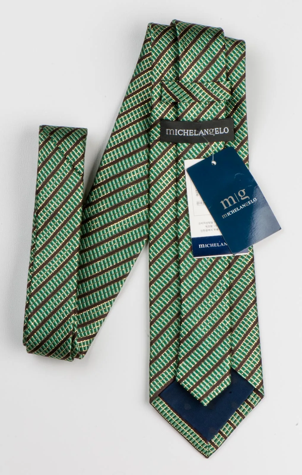 Men's Silk Neck Tie By Michel Angelo Brown Stripes On Green With Gold Sparkles