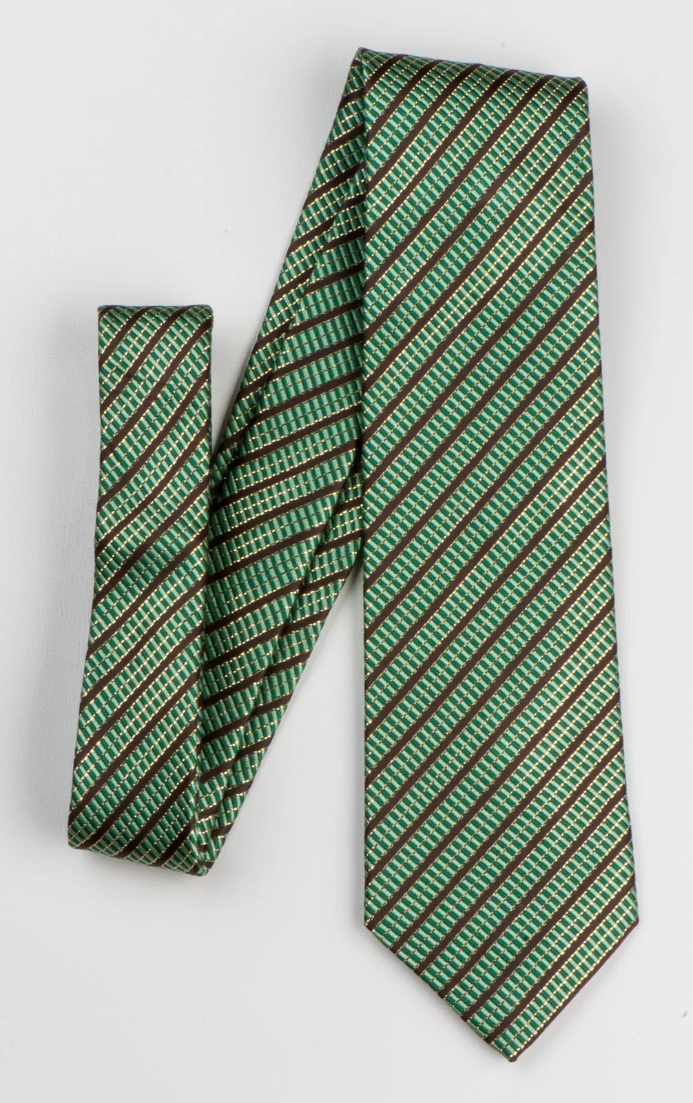Men's Silk Neck Tie By Michel Angelo Brown Stripes On Green With Gold Sparkles