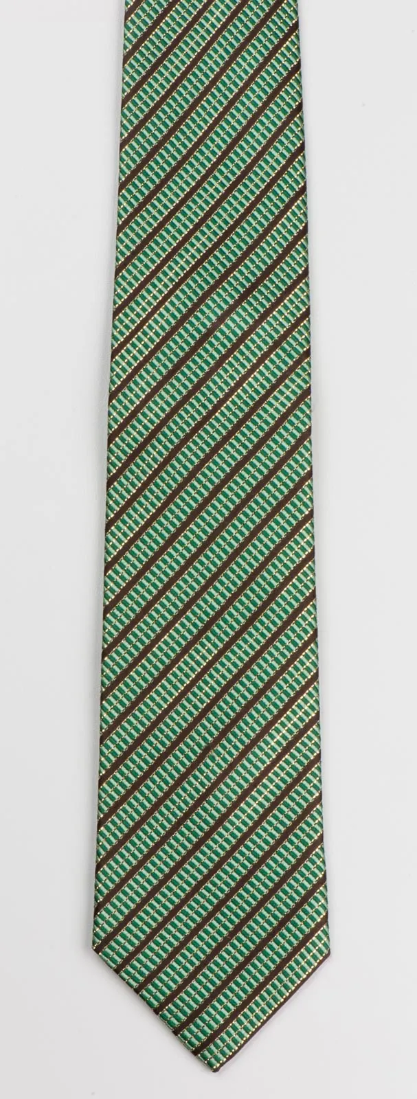 Men's Silk Neck Tie By Michel Angelo Brown Stripes On Green With Gold Sparkles