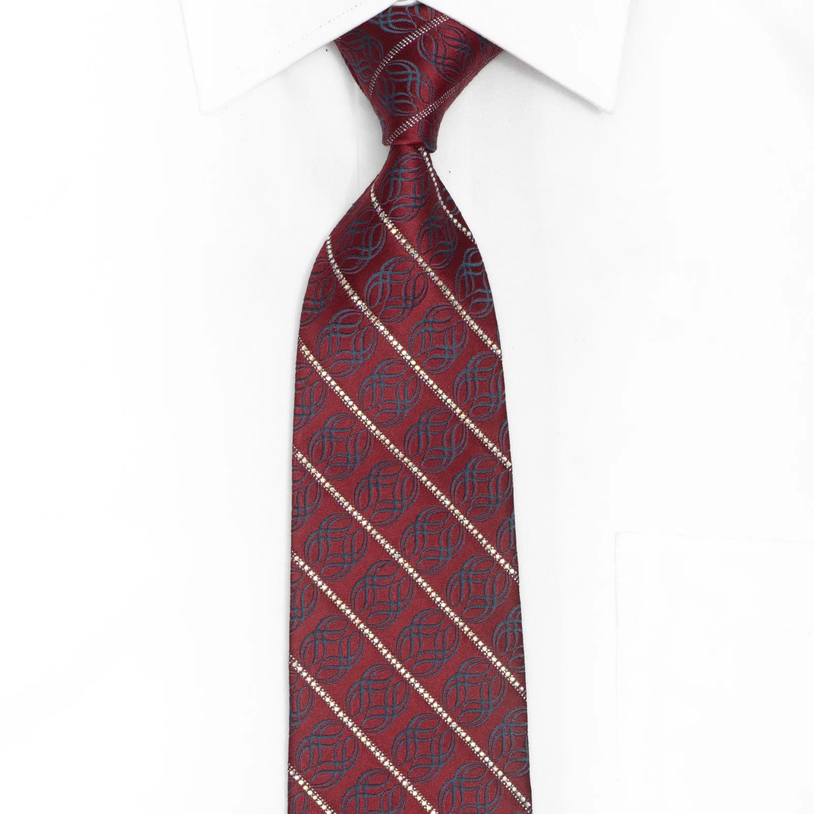 Mens Silk Tie Striped Crystal Rhinestones On Burgundy With Silver Sparkles
