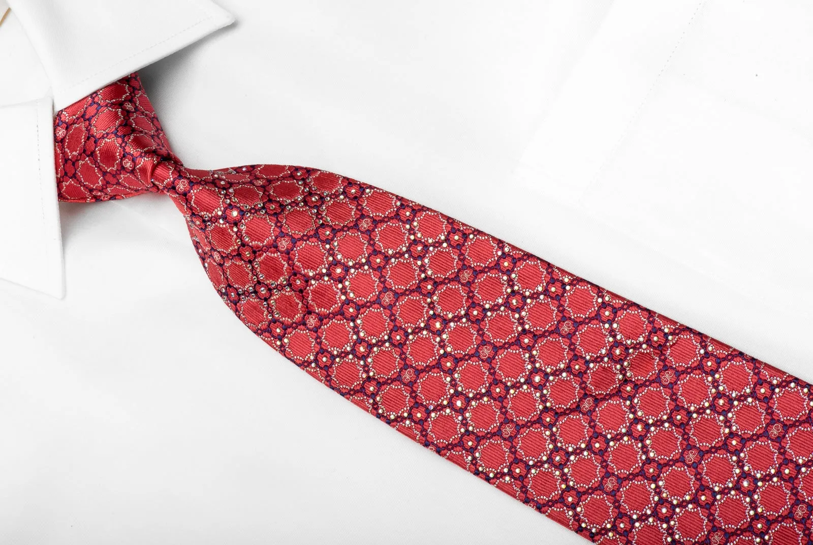 Metro City Men's Crystal Rhinestone Silk Necktie Purple Interlocking Chains On Pink With Silver Sparkles