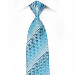 Nicole St Giles Men's Crystal Silk Necktie Silver Stripes & Geometric On Blue With Sparkles