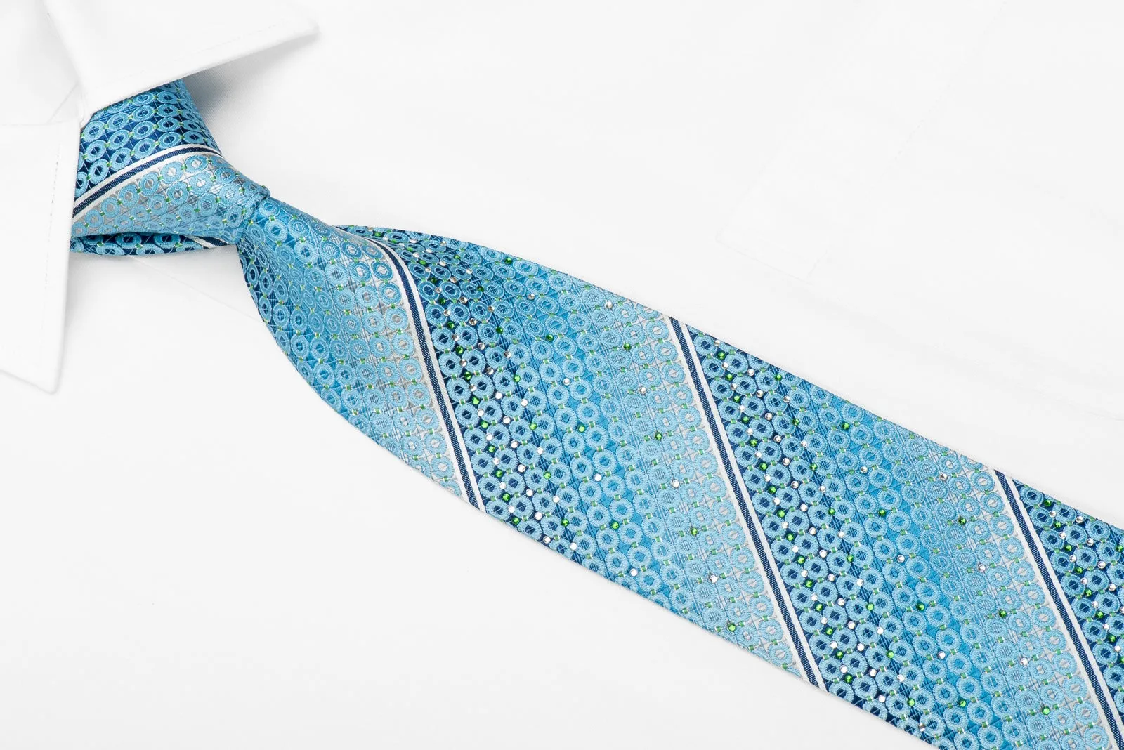 Nicole St Giles Men's Crystal Silk Necktie Silver Stripes & Geometric On Blue With Sparkles