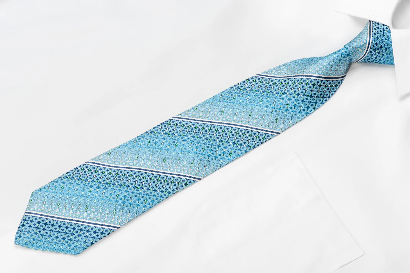 Nicole St Giles Men's Crystal Silk Necktie Silver Stripes & Geometric On Blue With Sparkles