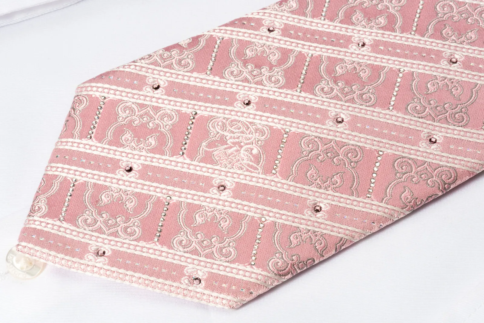Nina Ricci Rhinestone Silk Necktie White Stripes On Pink With Silver Sparkles
