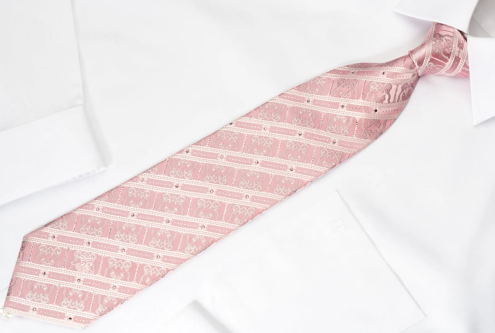 Nina Ricci Rhinestone Silk Necktie White Stripes On Pink With Silver Sparkles
