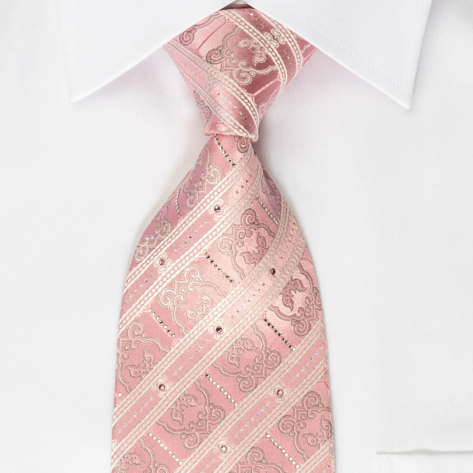 Nina Ricci Rhinestone Silk Necktie White Stripes On Pink With Silver Sparkles