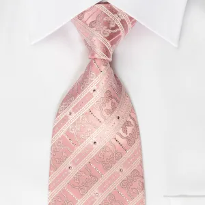 Nina Ricci Rhinestone Silk Necktie White Stripes On Pink With Silver Sparkles