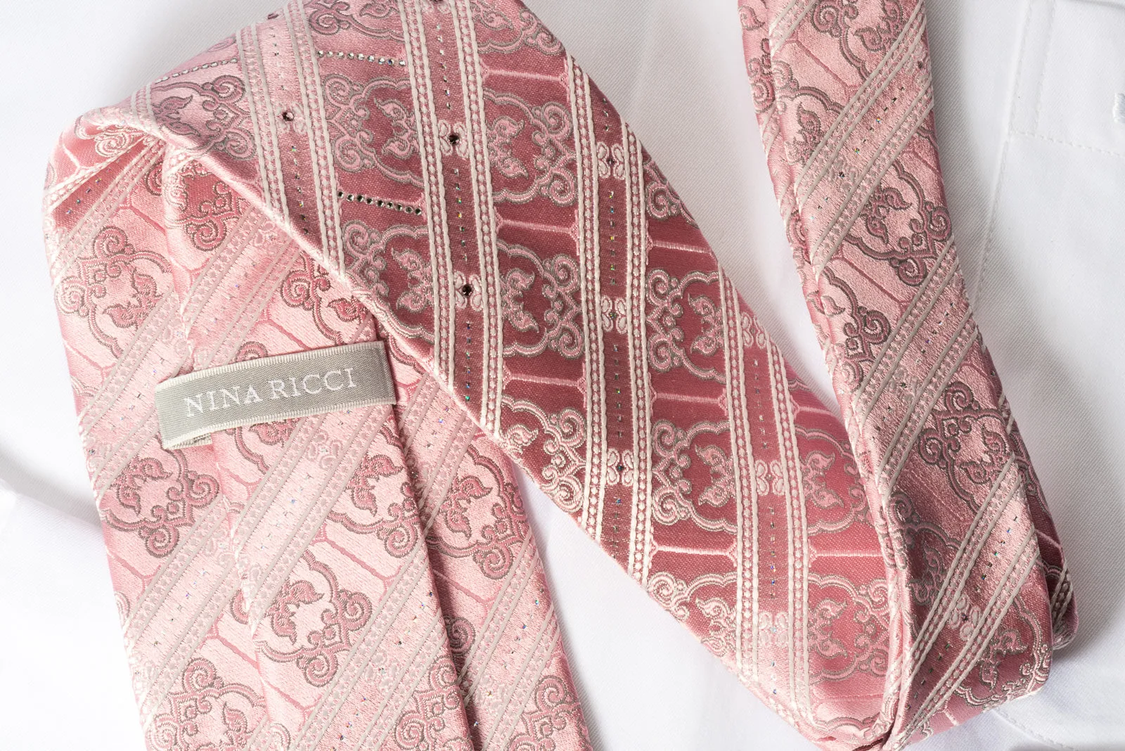 Nina Ricci Rhinestone Silk Necktie White Stripes On Pink With Silver Sparkles