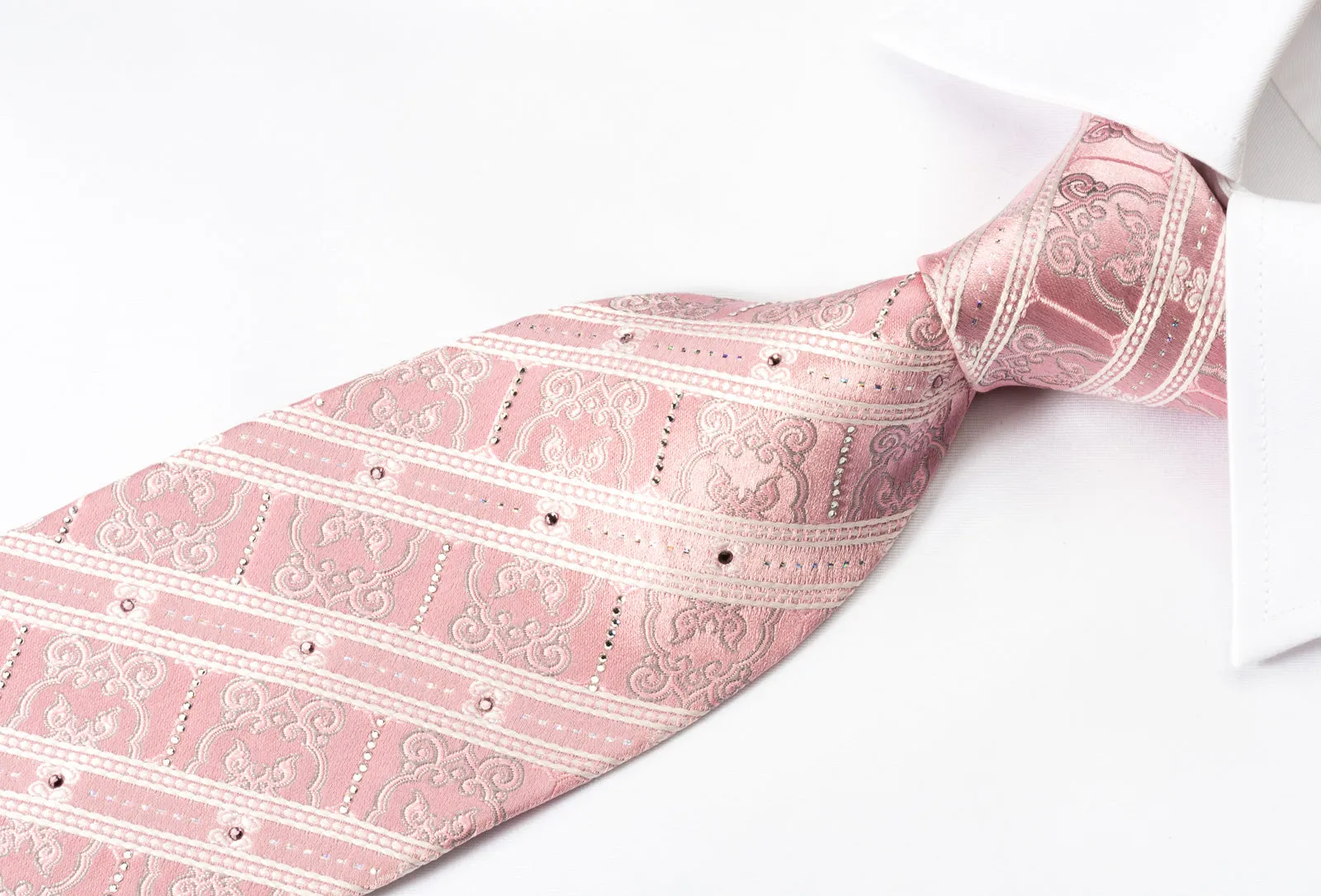 Nina Ricci Rhinestone Silk Necktie White Stripes On Pink With Silver Sparkles