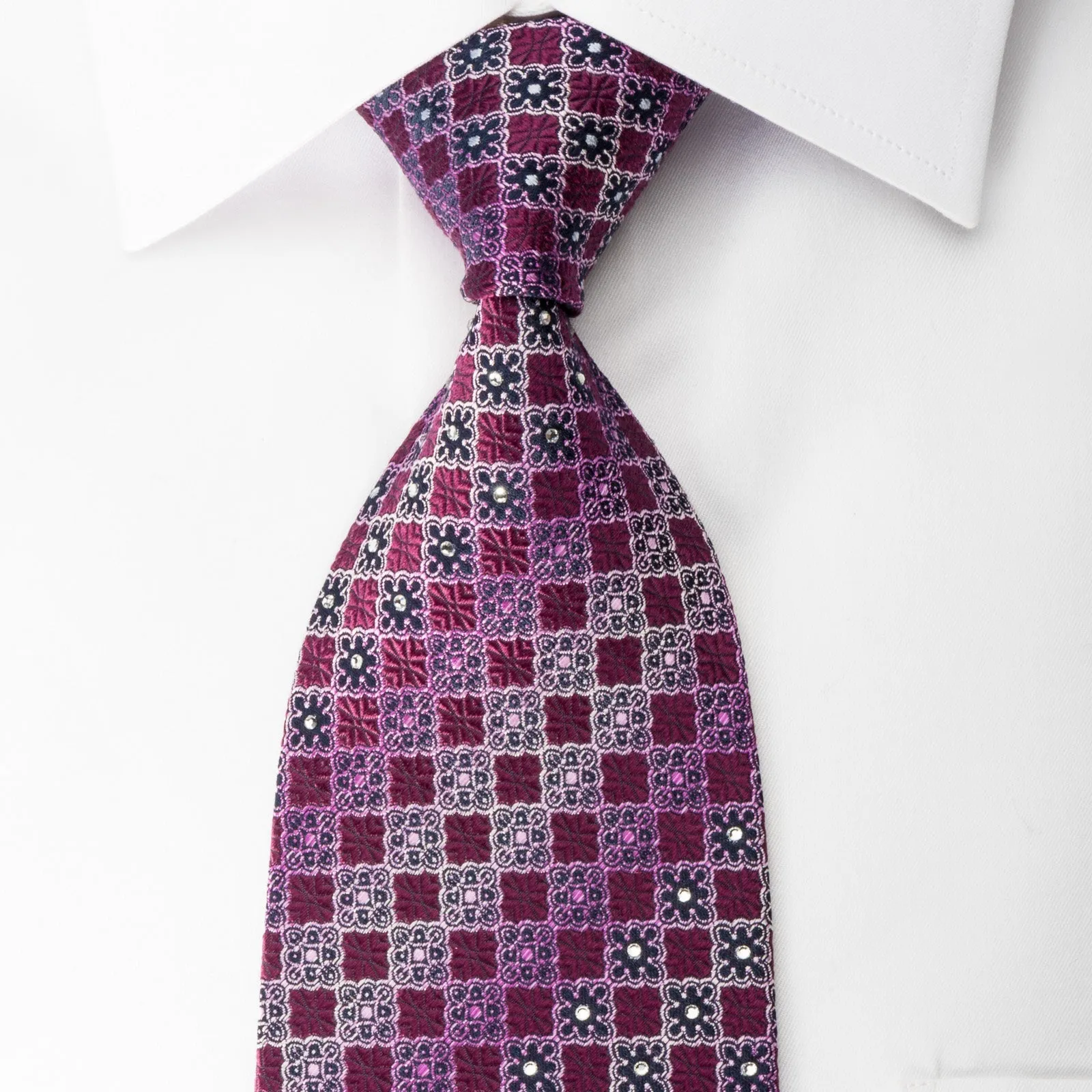 Nina Ricci Silk Necktie Checker Cartouche On Purple With Rhinestones