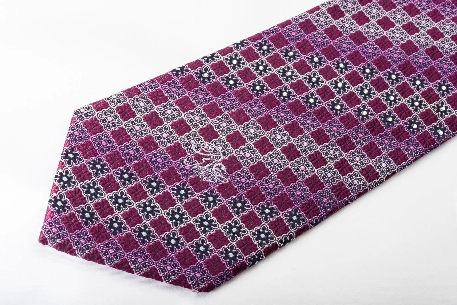 Nina Ricci Silk Necktie Checker Cartouche On Purple With Rhinestones