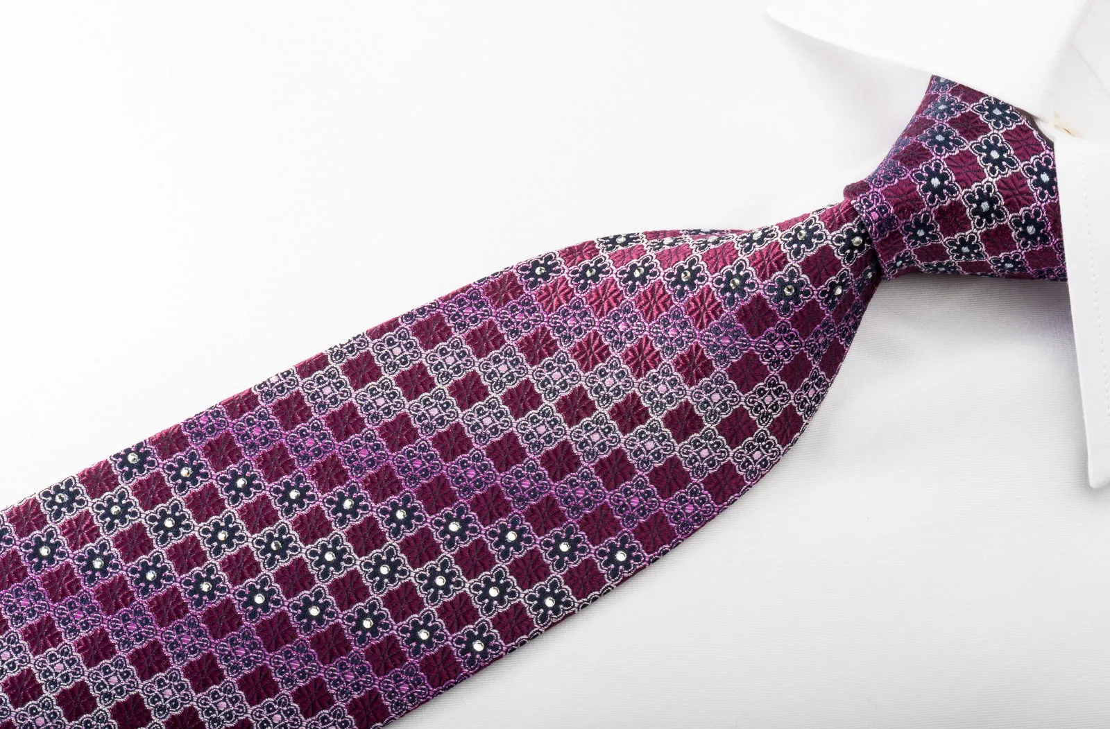 Nina Ricci Silk Necktie Checker Cartouche On Purple With Rhinestones