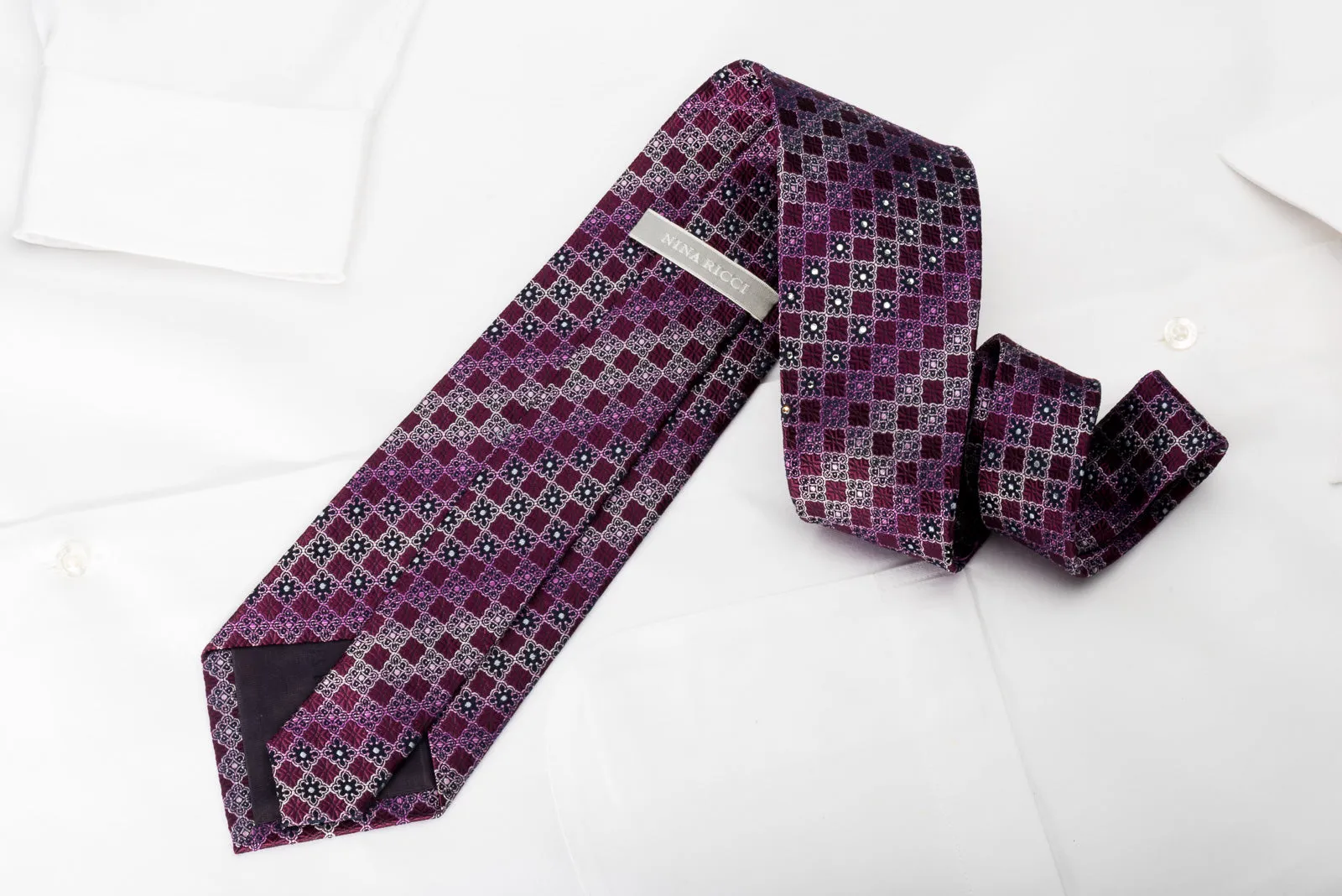 Nina Ricci Silk Necktie Checker Cartouche On Purple With Rhinestones