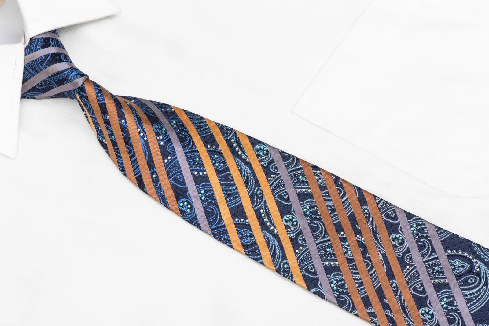 Orange Striped On Blue Paisley Rhinestone Silk Necktie With Blue Sparkles