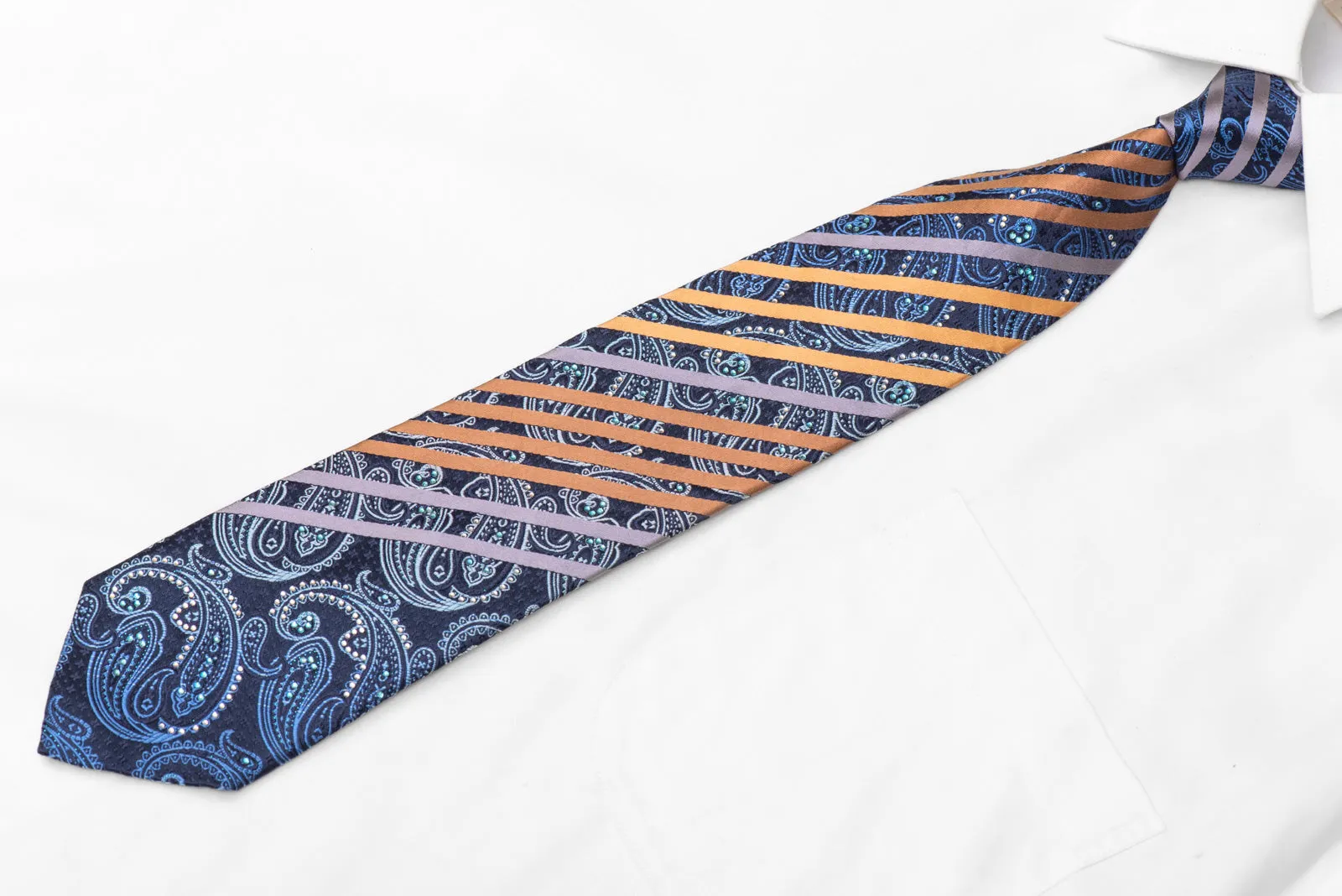 Orange Striped On Blue Paisley Rhinestone Silk Necktie With Blue Sparkles