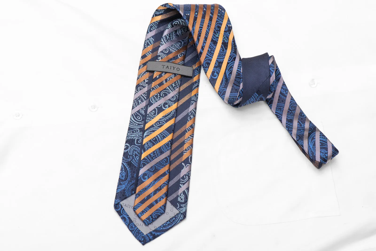 Orange Striped On Blue Paisley Rhinestone Silk Necktie With Blue Sparkles