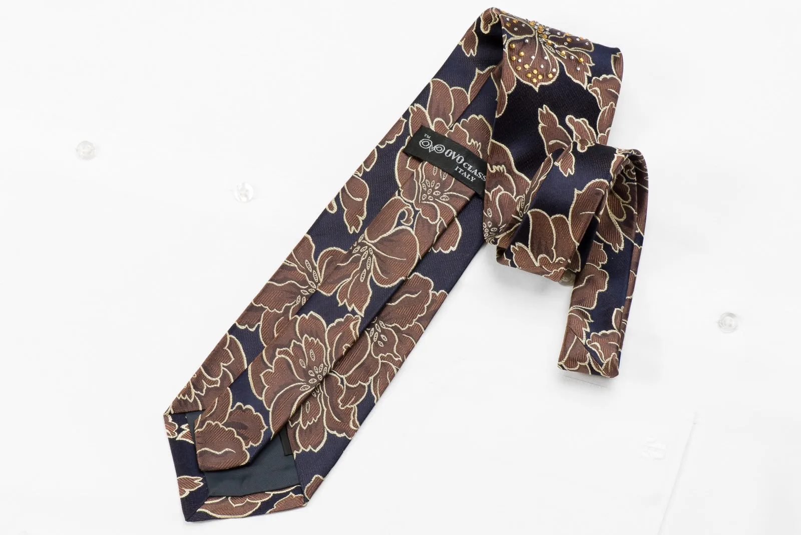 OVO Classic Men's Crystal Silk Necktie Brown Floral On Navy With Sparkles