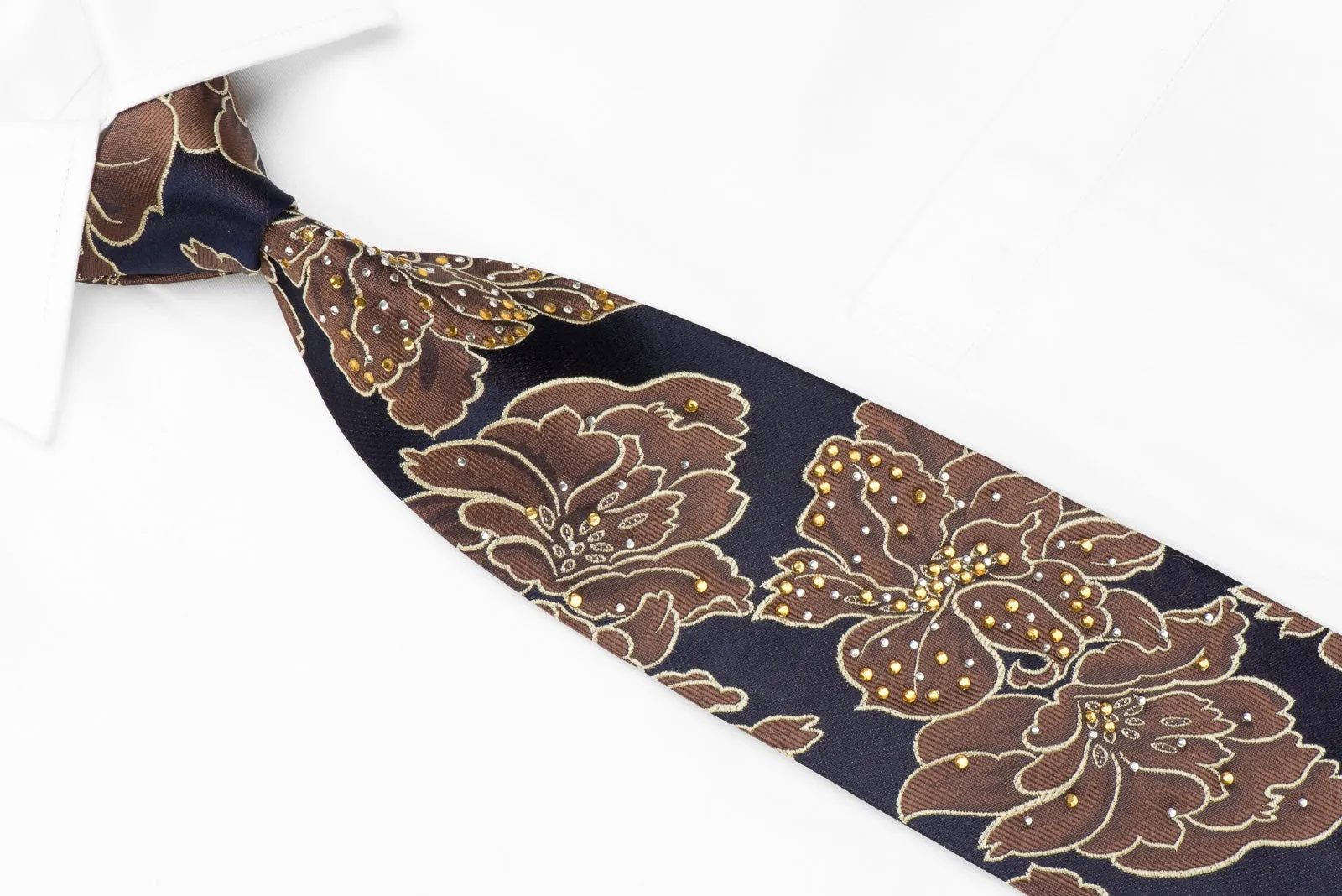 OVO Classic Men's Crystal Silk Necktie Brown Floral On Navy With Sparkles