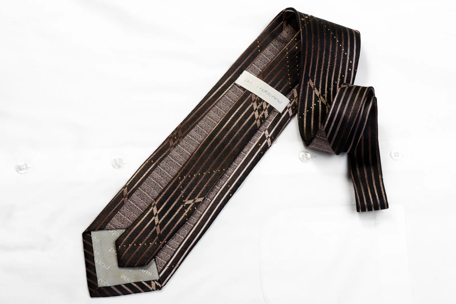 Paco Rabanne Men's Rhinestone Necktie Brown Vertical Striped On Black With Sparkles