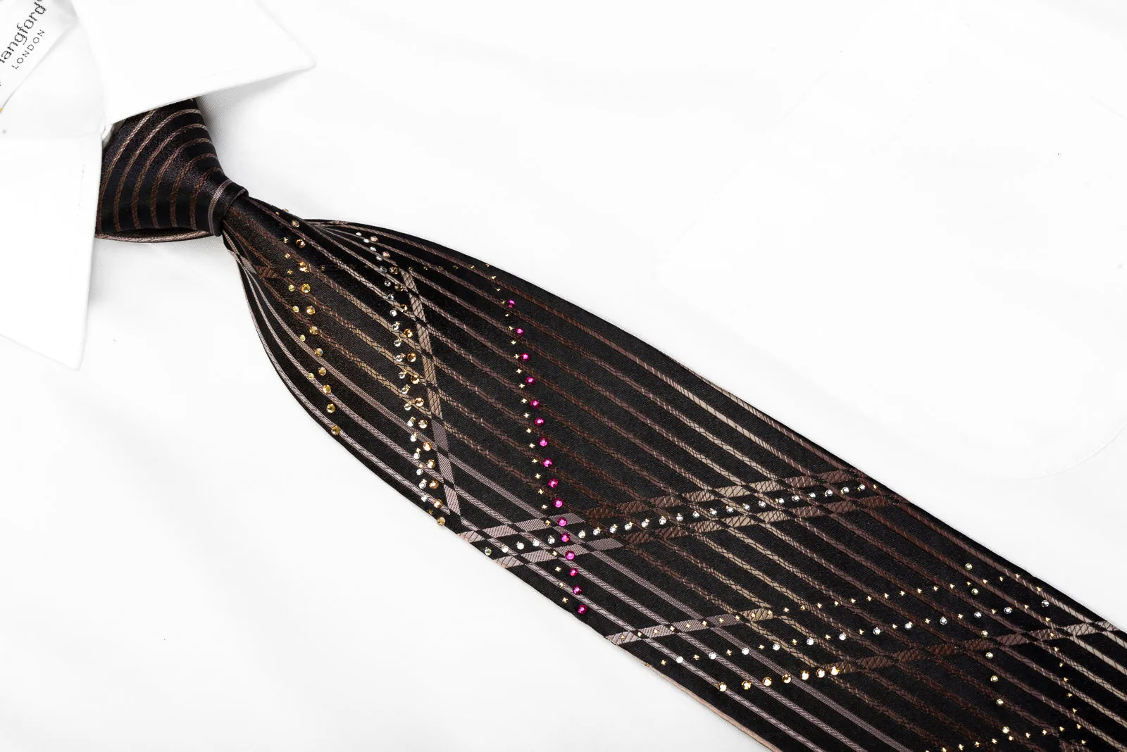 Paco Rabanne Men's Rhinestone Necktie Brown Vertical Striped On Black With Sparkles