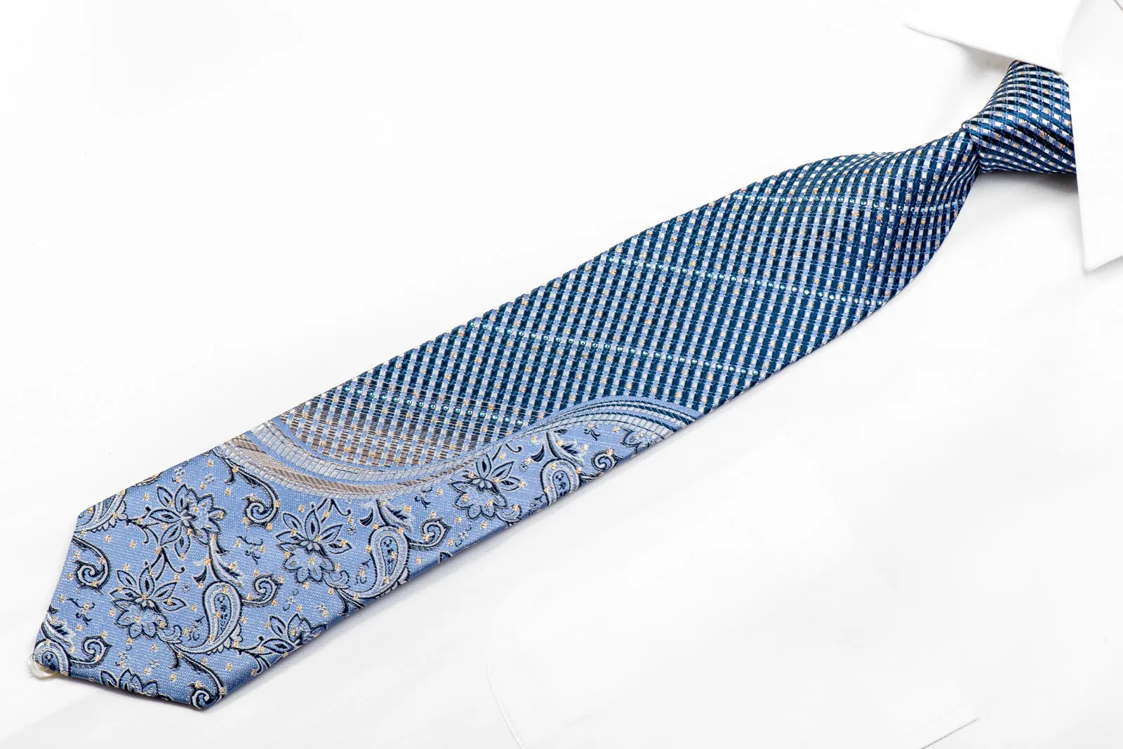 Park Land Rhinestone Tie Silver Floral Striped On Blue With Sparkles