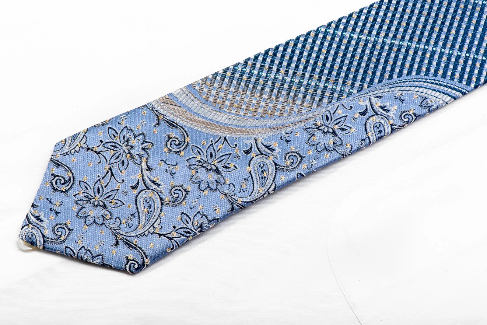 Park Land Rhinestone Tie Silver Floral Striped On Blue With Sparkles