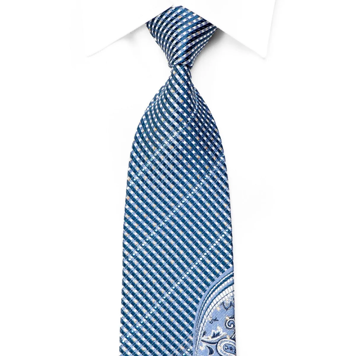 Park Land Rhinestone Tie Silver Floral Striped On Blue With Sparkles