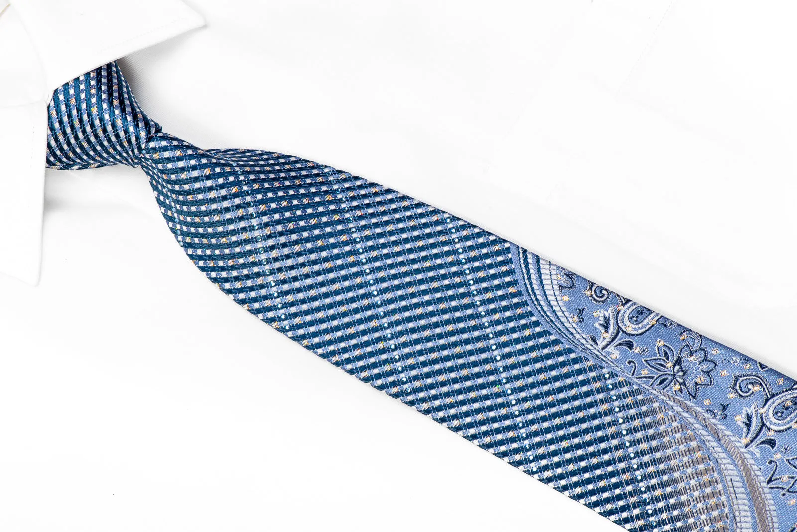 Park Land Rhinestone Tie Silver Floral Striped On Blue With Sparkles