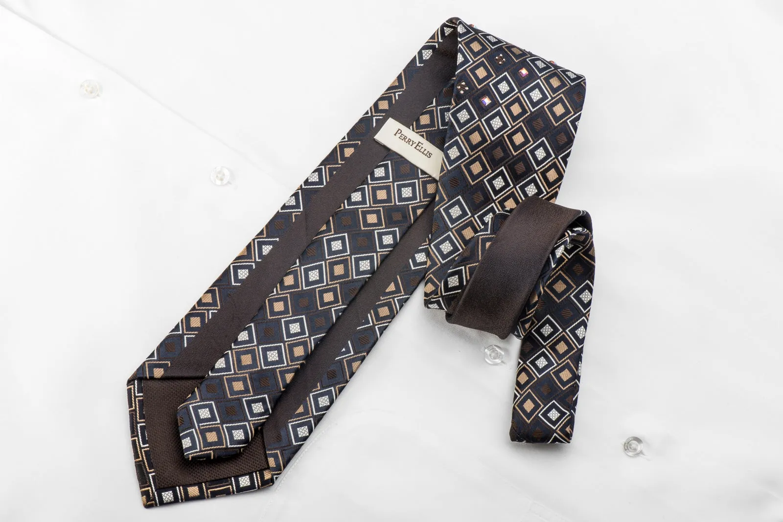 Perry Ellis Men's Crystal Rhinestone Necktie Brown Beige Geometric Checker On Navy Silk