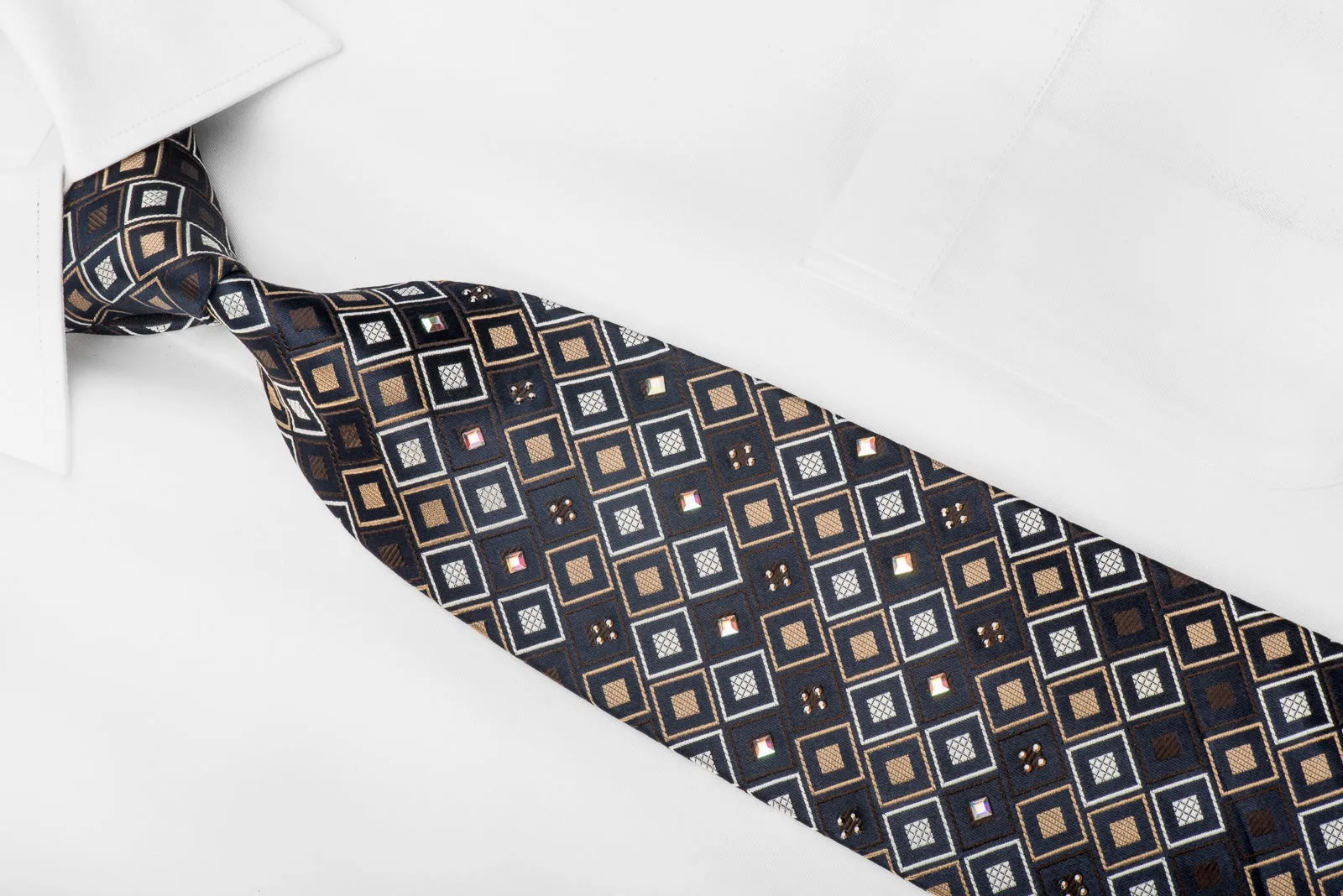 Perry Ellis Men's Crystal Rhinestone Necktie Brown Beige Geometric Checker On Navy Silk