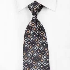 Perry Ellis Men's Crystal Rhinestone Necktie Brown Beige Geometric Checker On Navy Silk