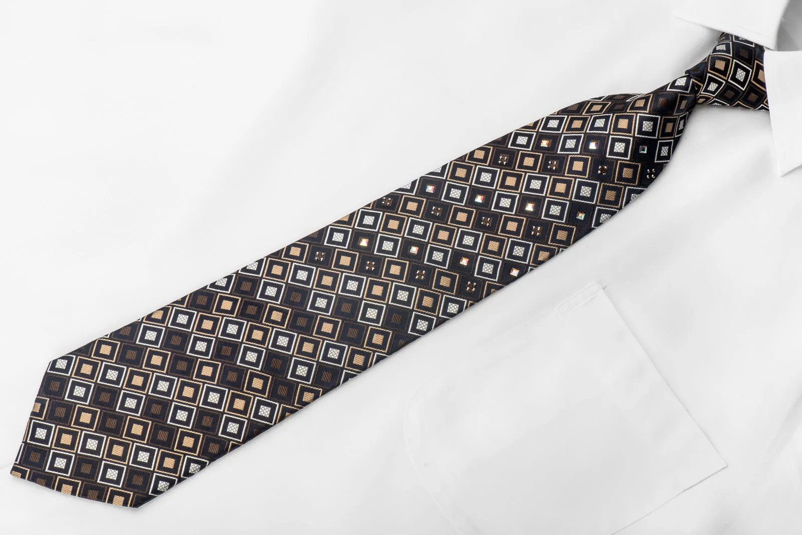 Perry Ellis Men's Crystal Rhinestone Necktie Brown Beige Geometric Checker On Navy Silk