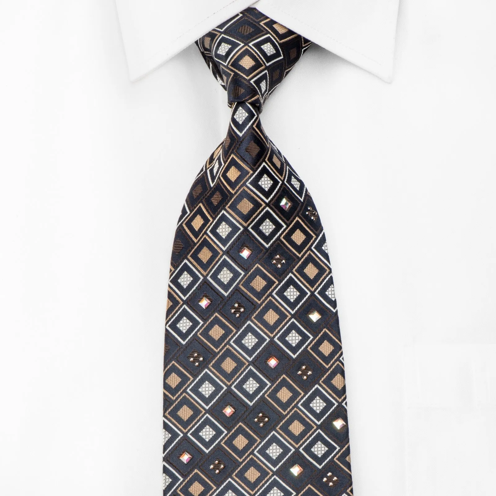 Perry Ellis Men's Crystal Rhinestone Necktie Brown Beige Geometric Checker On Navy Silk
