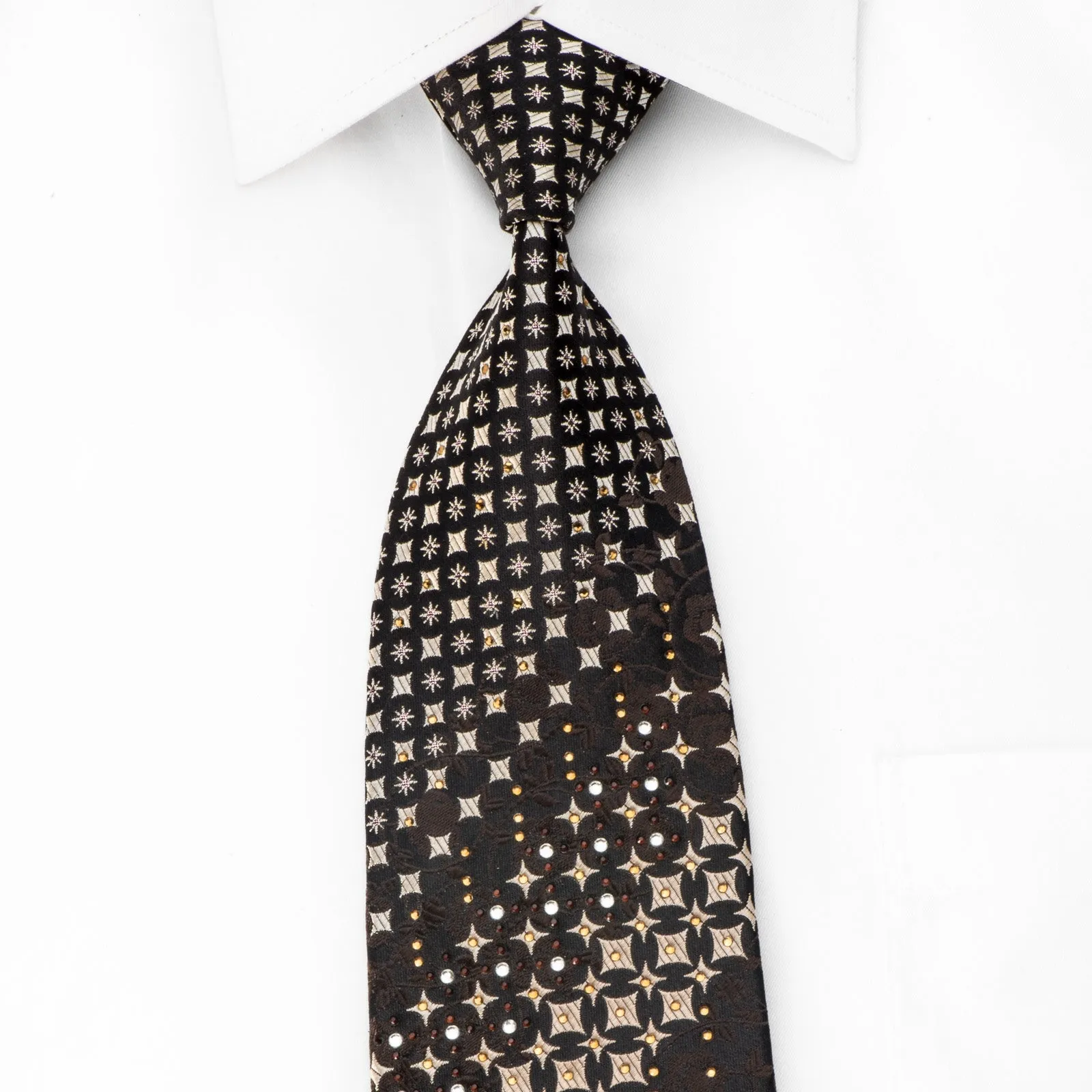 Perry Ellis Men's Rhinestone Necktie Gold Silver Geometric Brown Floral On Black With Silver Sparkles