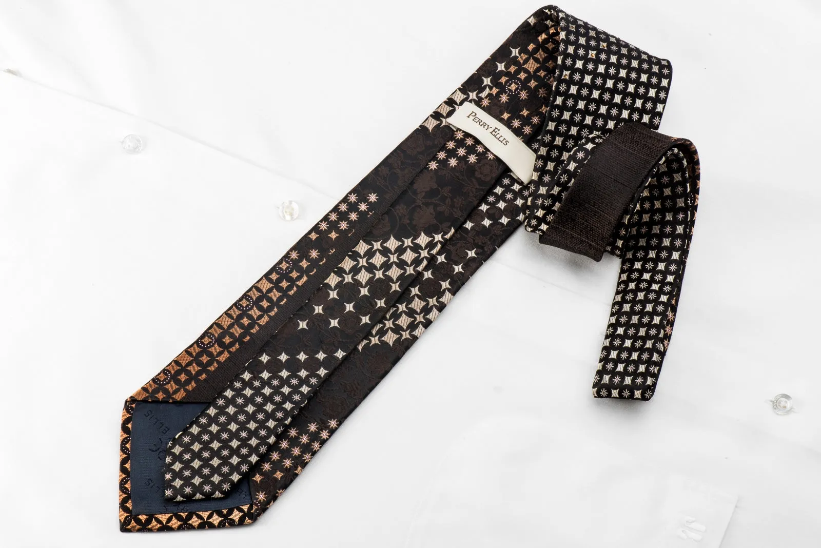 Perry Ellis Men's Rhinestone Necktie Gold Silver Geometric Brown Floral On Black With Silver Sparkles