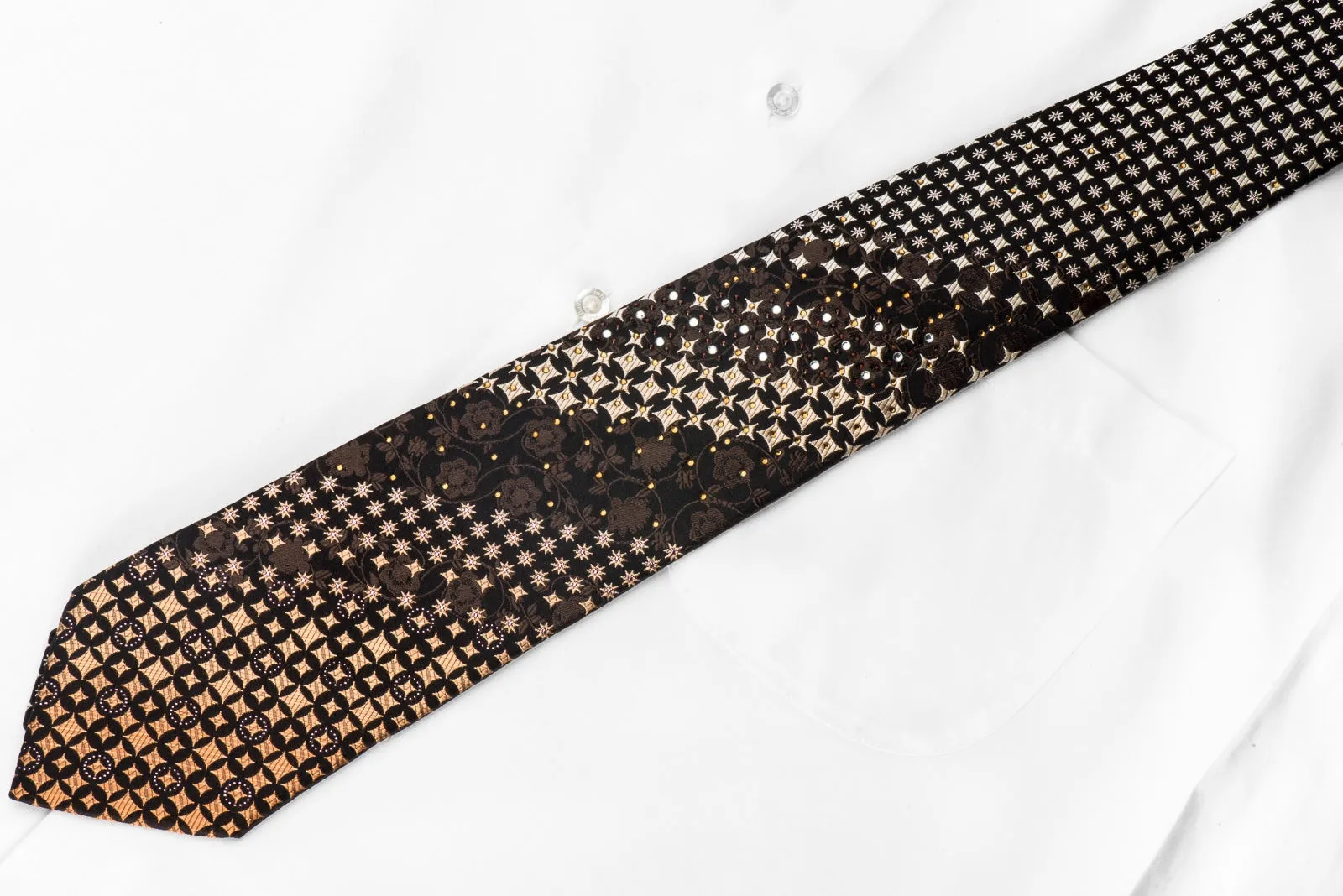 Perry Ellis Men's Rhinestone Necktie Gold Silver Geometric Brown Floral On Black With Silver Sparkles
