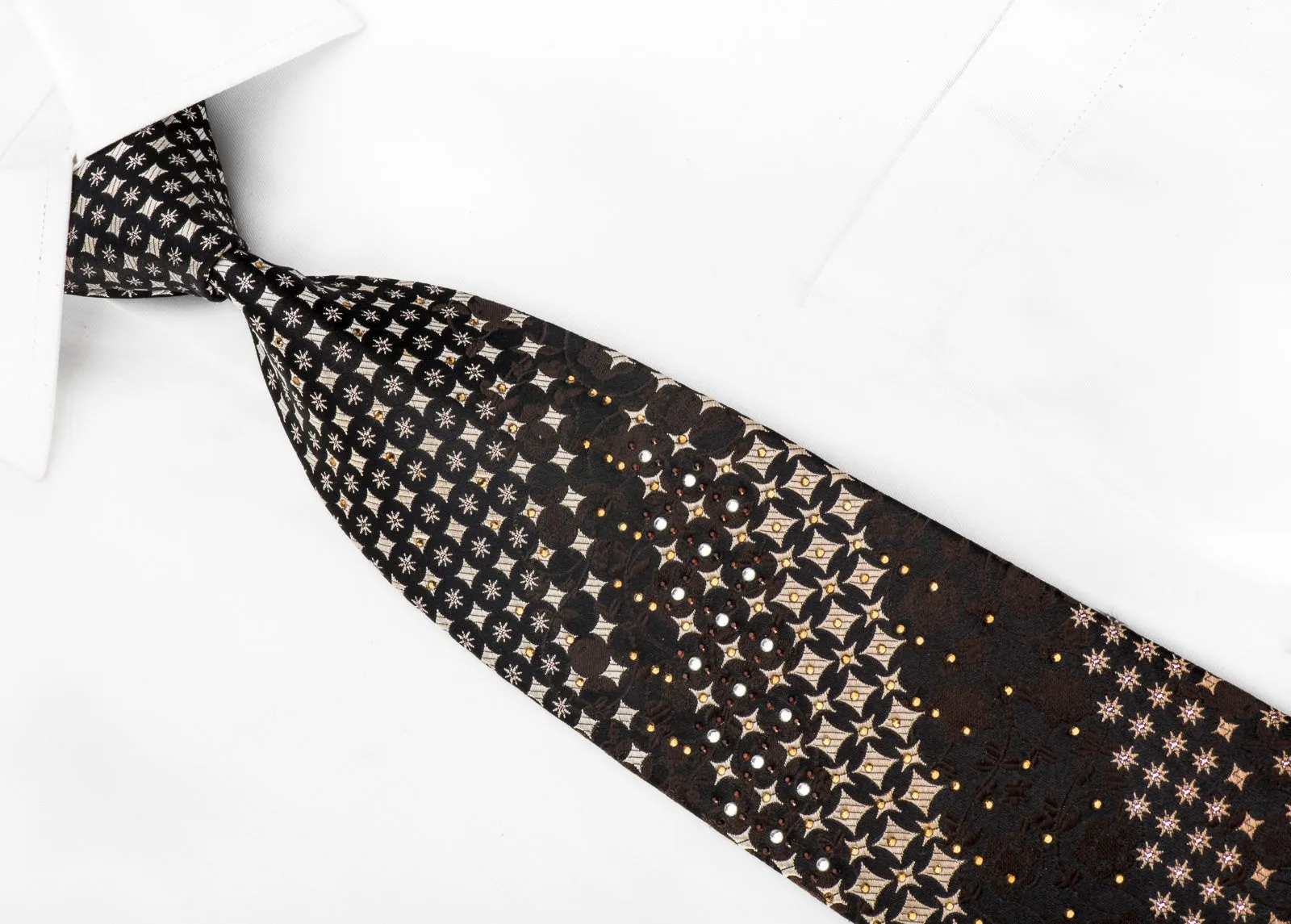 Perry Ellis Men's Rhinestone Necktie Gold Silver Geometric Brown Floral On Black With Silver Sparkles
