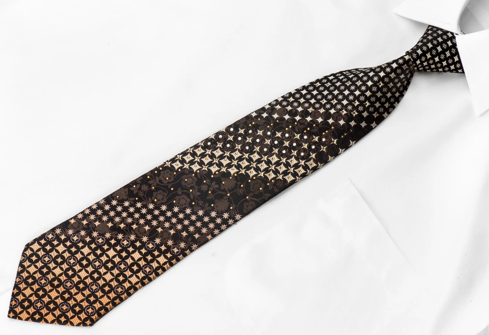 Perry Ellis Men's Rhinestone Necktie Gold Silver Geometric Brown Floral On Black With Silver Sparkles