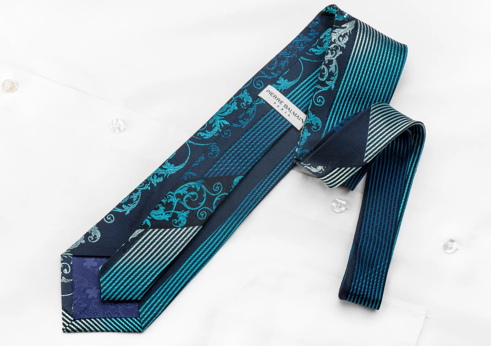 Pierre Balmain Mens Crystal Rhinestone Silk Necktie Acanthus & Striped On Navy With Blue Sparkles