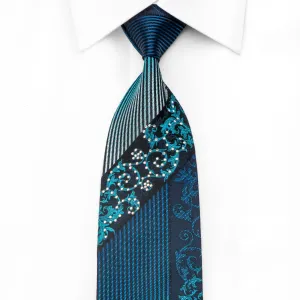 Pierre Balmain Mens Crystal Rhinestone Silk Necktie Acanthus & Striped On Navy With Blue Sparkles