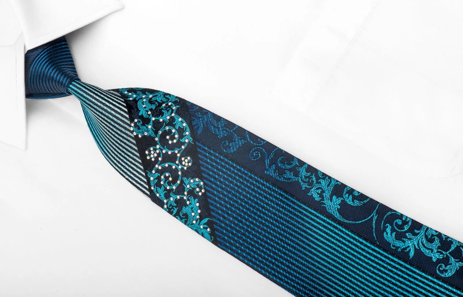 Pierre Balmain Mens Crystal Rhinestone Silk Necktie Acanthus & Striped On Navy With Blue Sparkles