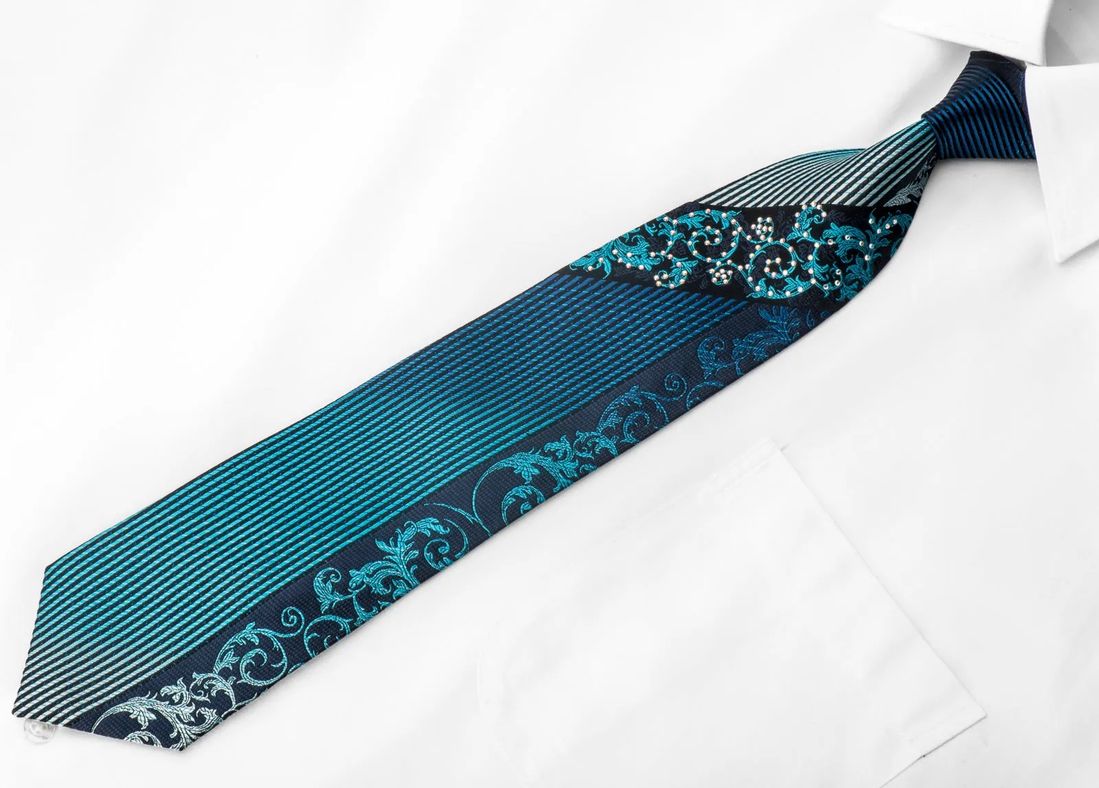 Pierre Balmain Mens Crystal Rhinestone Silk Necktie Acanthus & Striped On Navy With Blue Sparkles