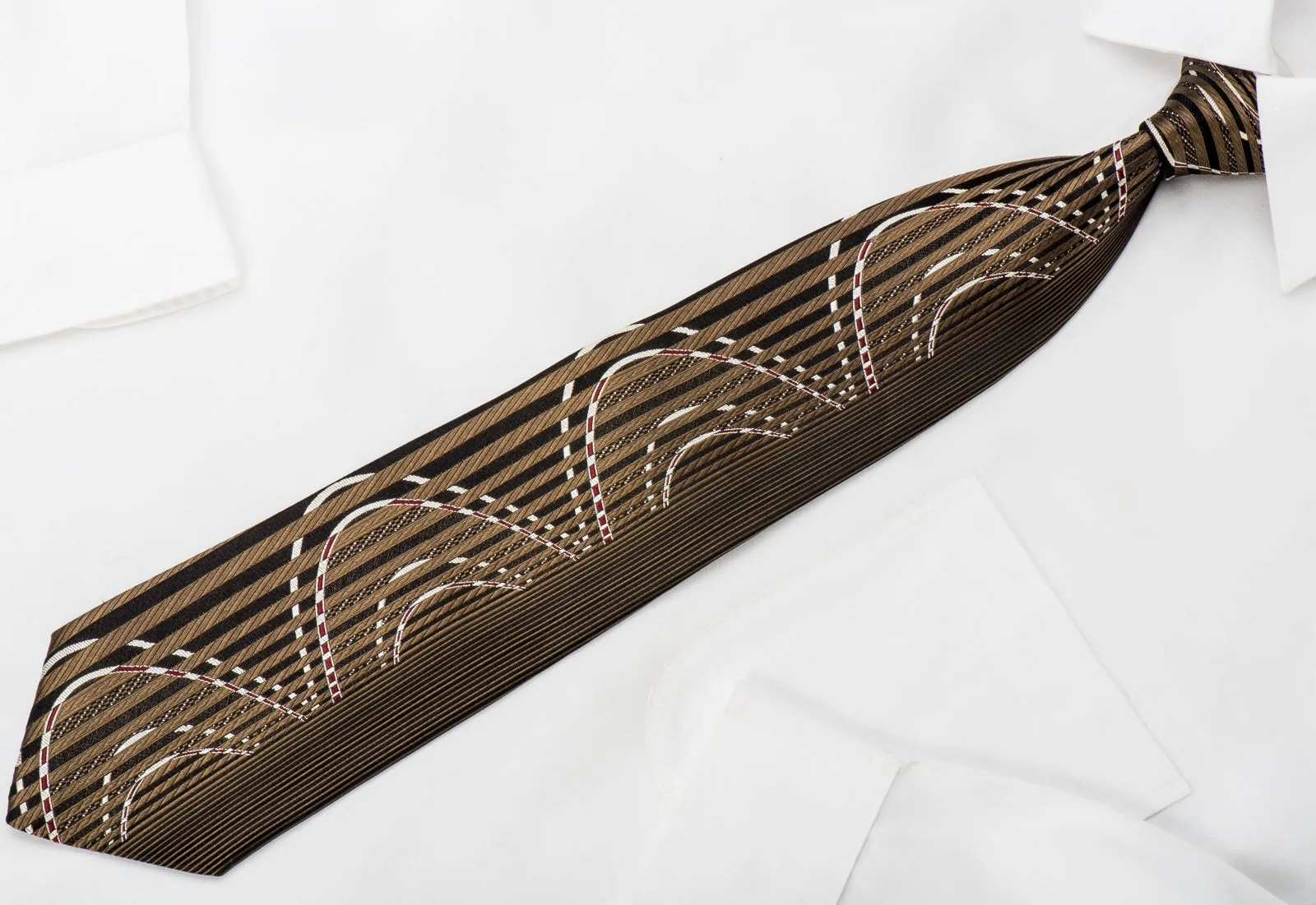 Pierre Cardin Men's Silk Tie Vertical Stripes On Brown With Silver Sparkles
