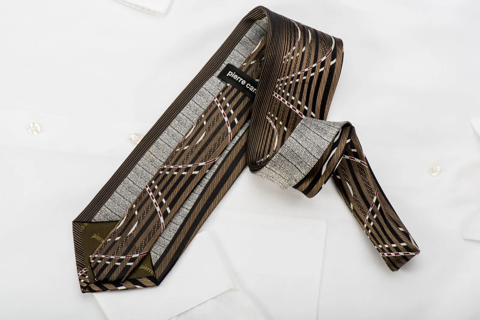 Pierre Cardin Men's Silk Tie Vertical Stripes On Brown With Silver Sparkles