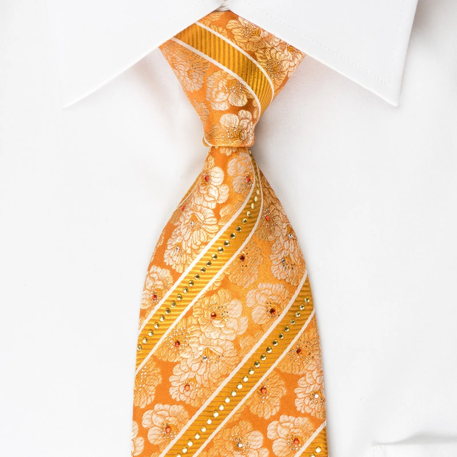 Pierre Cardin Rhinestone Silk Necktie Floral & Stripes On Orange With Sparkles