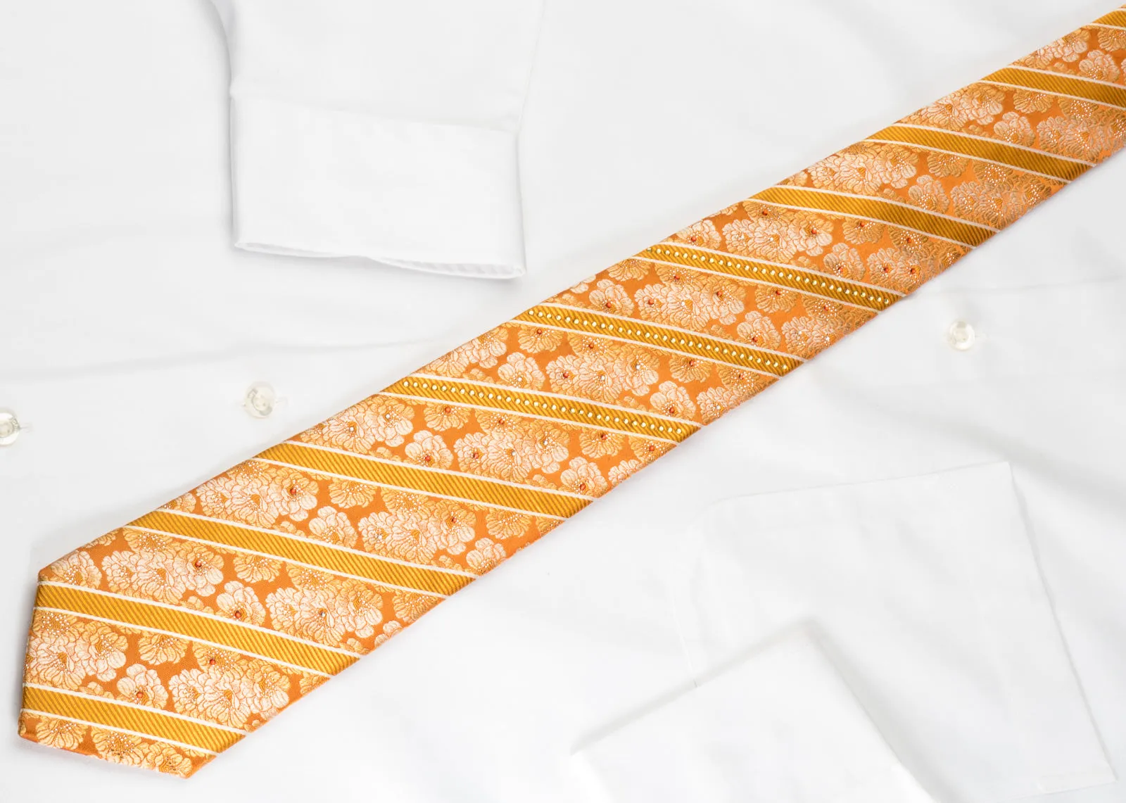Pierre Cardin Rhinestone Silk Necktie Floral & Stripes On Orange With Sparkles