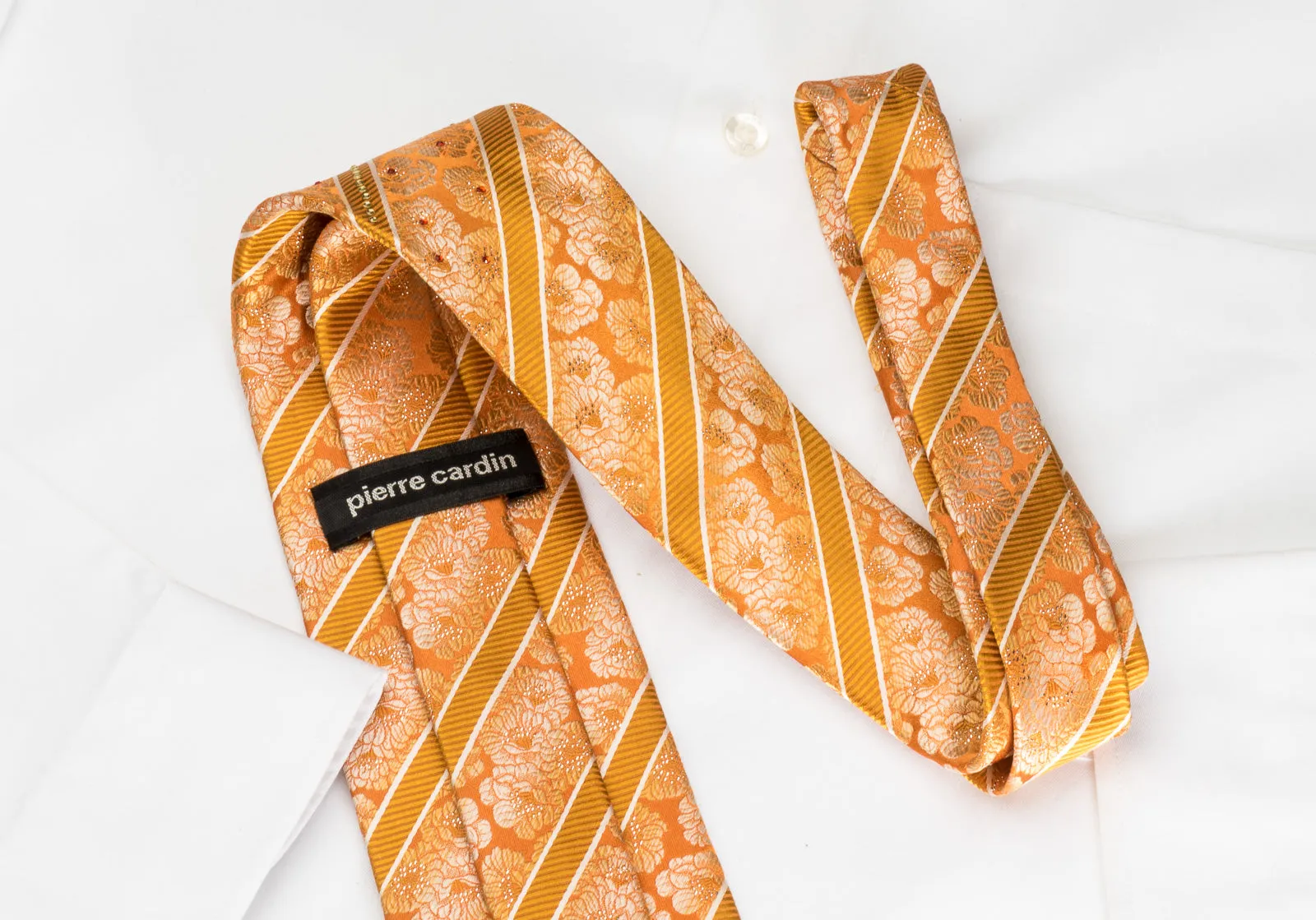 Pierre Cardin Rhinestone Silk Necktie Floral & Stripes On Orange With Sparkles