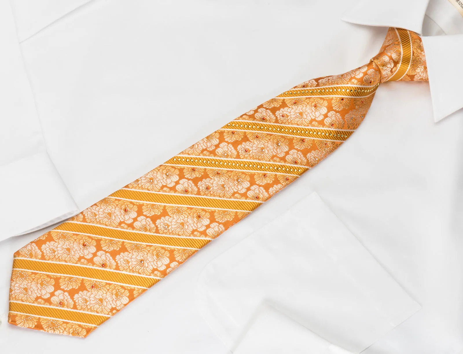 Pierre Cardin Rhinestone Silk Necktie Floral & Stripes On Orange With Sparkles